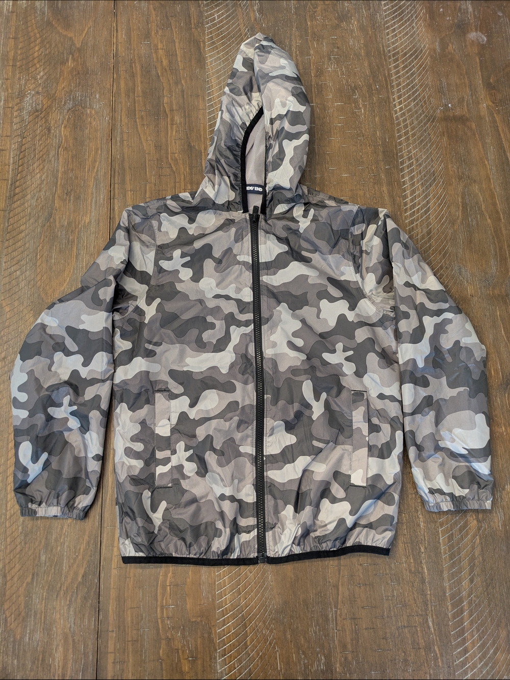 Lands' End Kids Gray Camo Hooded Raincoat Size M 10/12